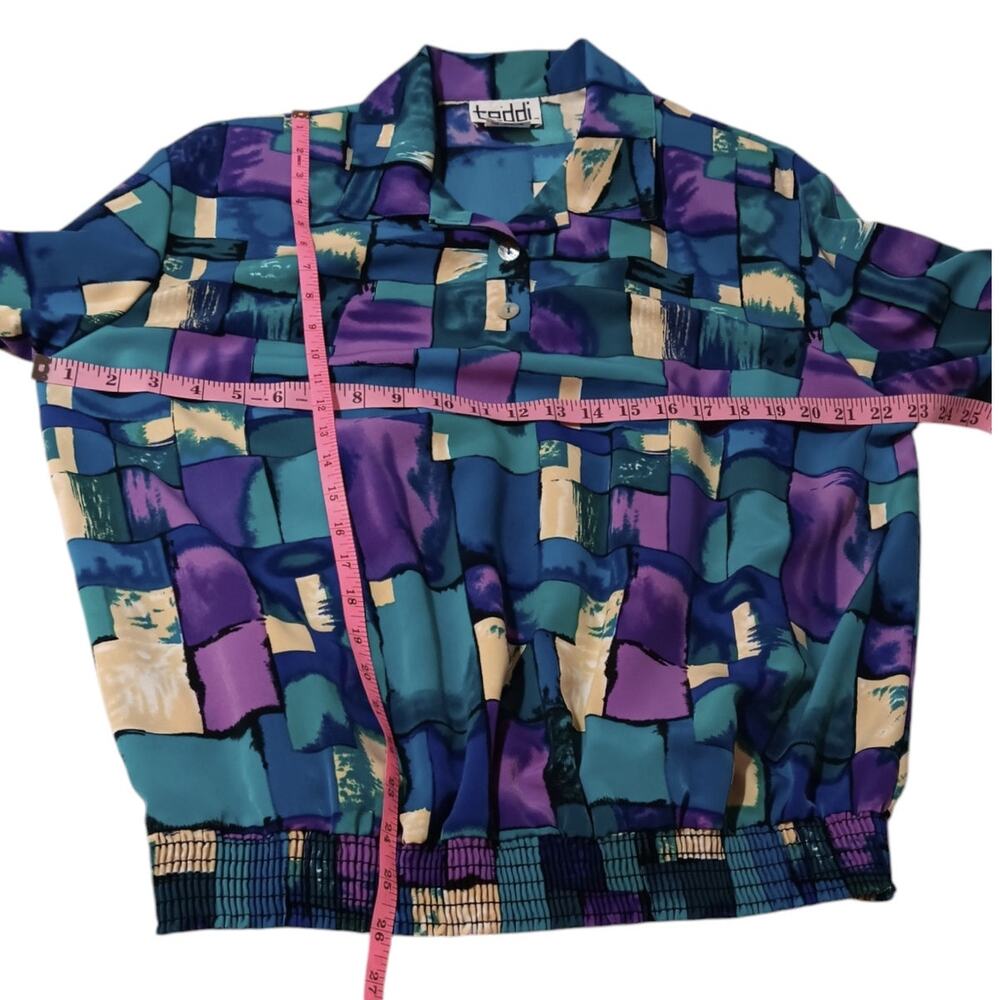 VINTAGE TEDDI 80s 90s Satin Blouse Top Shirt No Wrinkle XL Colorful Geometric - Picture 4 of 7